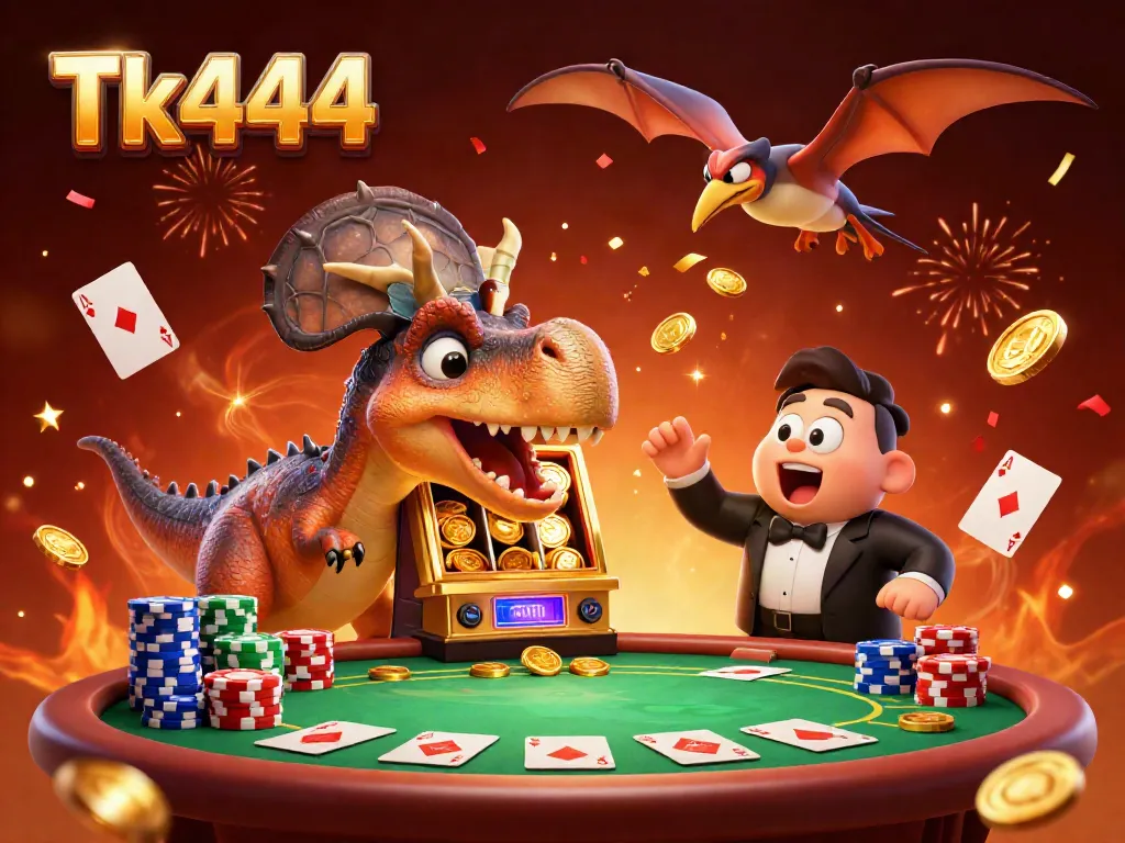 Experience the excitement of Tk444 as characters celebrate with slots, poker, and coins raining down.