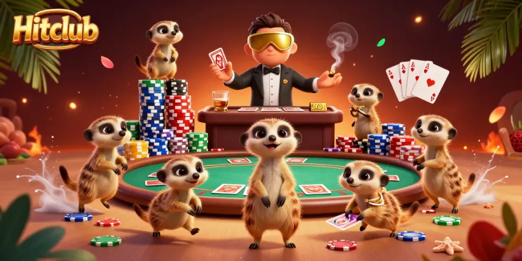 Experience vibrant gaming with Hitclub in a bustling meerkat casino scene filled with poker action.