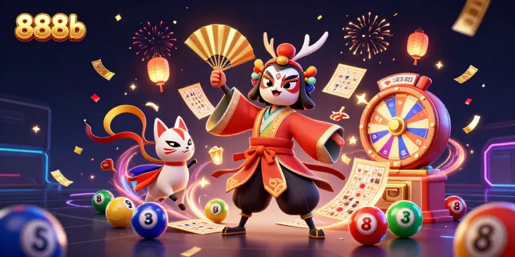 Engage with 888b's vibrant casino scene featuring a kabuki warrior and dynamic gaming elements.