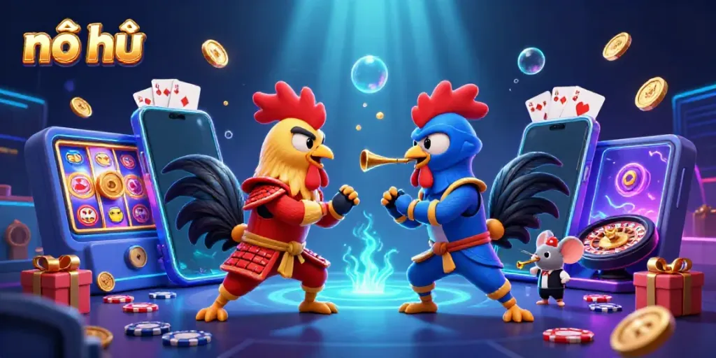 Nổ hũ game illustration featuring fighting roosters with casino elements surrounding them in a vibrant scene.