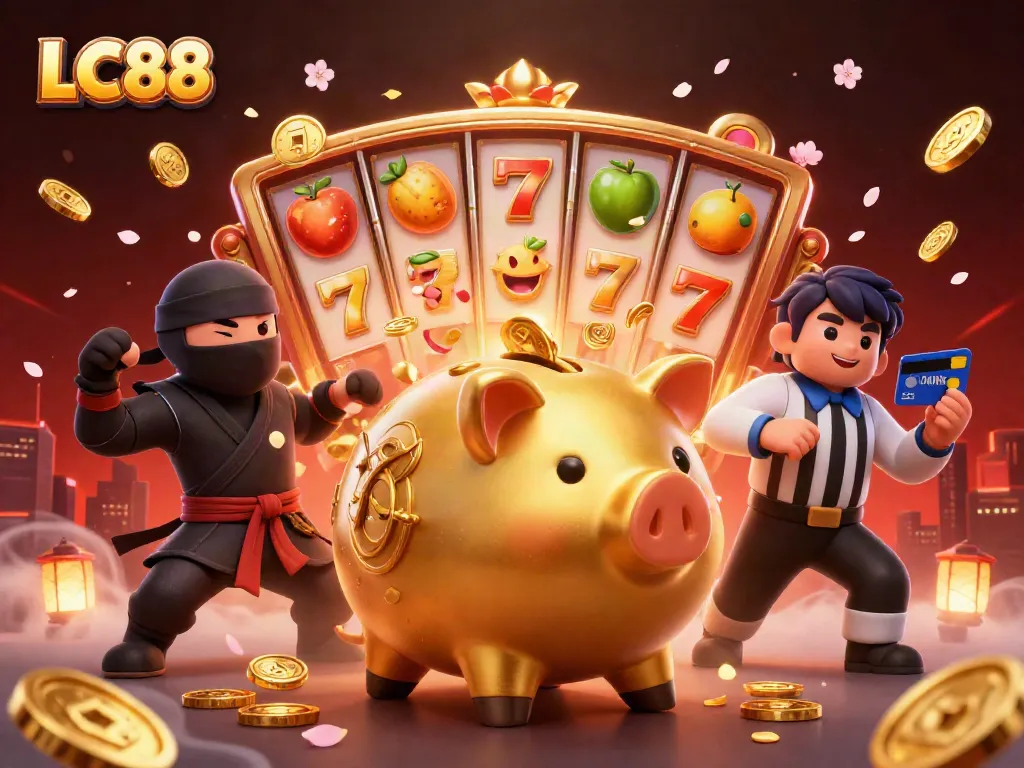 LC88 slot gameplay comes alive with a golden piggy bank sumo wrestler, lively coins, and festive elements.