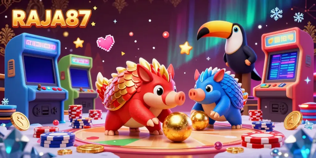 Rival pangolins in colorful armor celebrate a victory in the dynamic world of RAJA87 gaming.