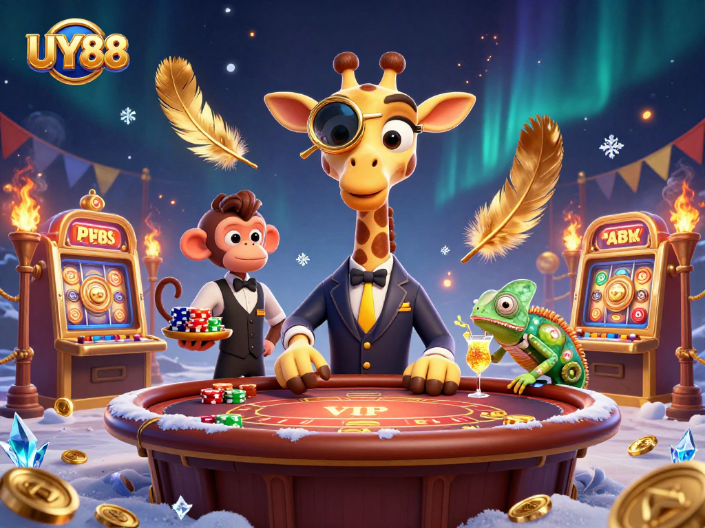 Experience UY88 with a lively illustration of a giraffe in a suit at a poker table surrounded by casino excitement.