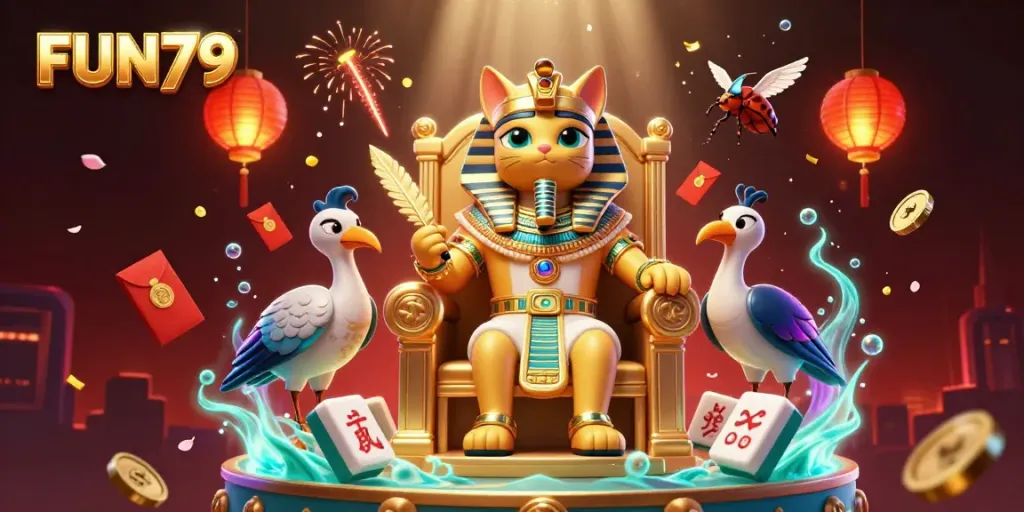 Engage with FUN79's luxurious gambling experience featuring an Egyptian pharaoh cat in a vibrant casino scene.