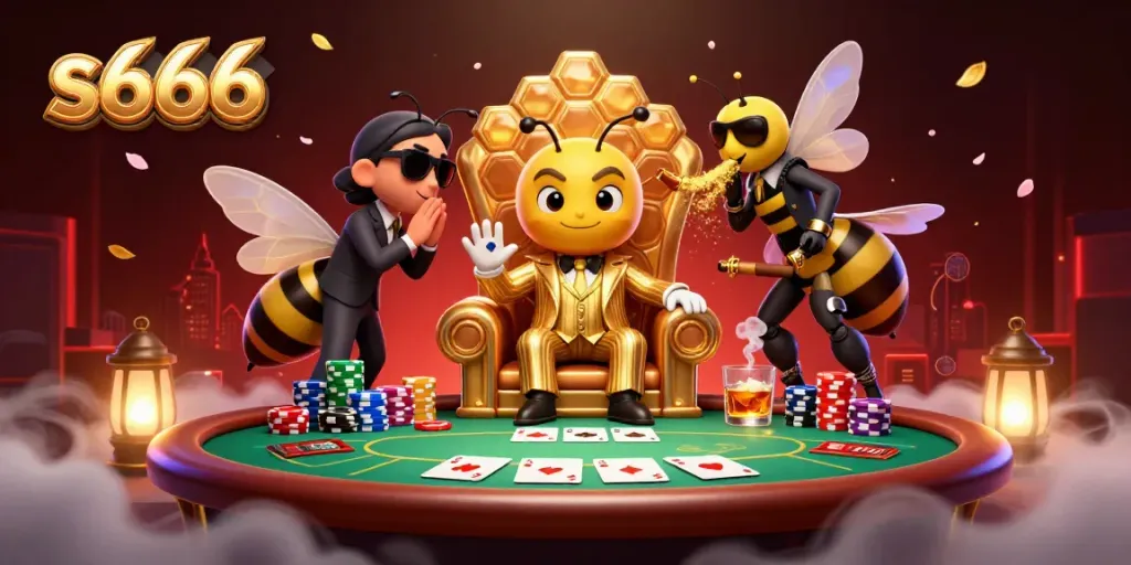 Engage with the S666 online casino experience featuring vibrant 3D characters amidst dynamic poker elements.