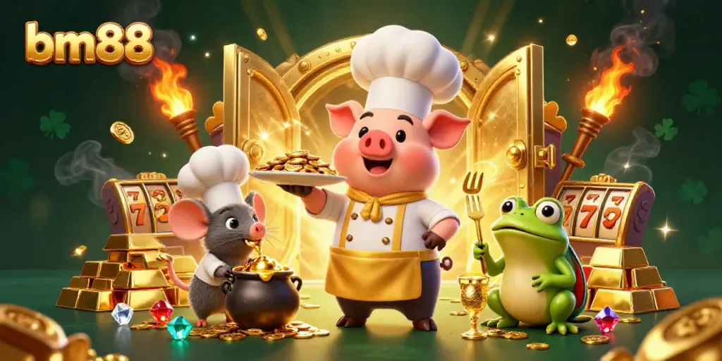 Engage with the vibrant bm88 casino world featuring a chef pig, sous-chef mouse, and critic frog amidst golden treasures.
