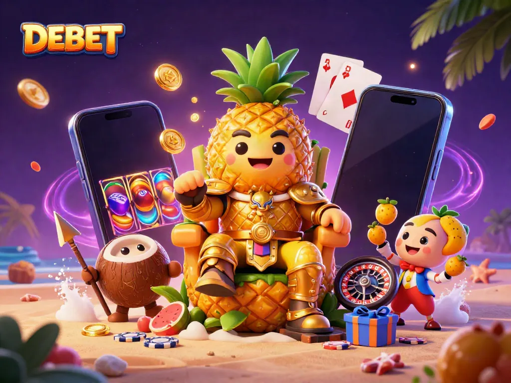 Experience exciting gameplay with DEBET featuring a casino-themed cartoon scene filled with vibrant characters and dynamic game elements.