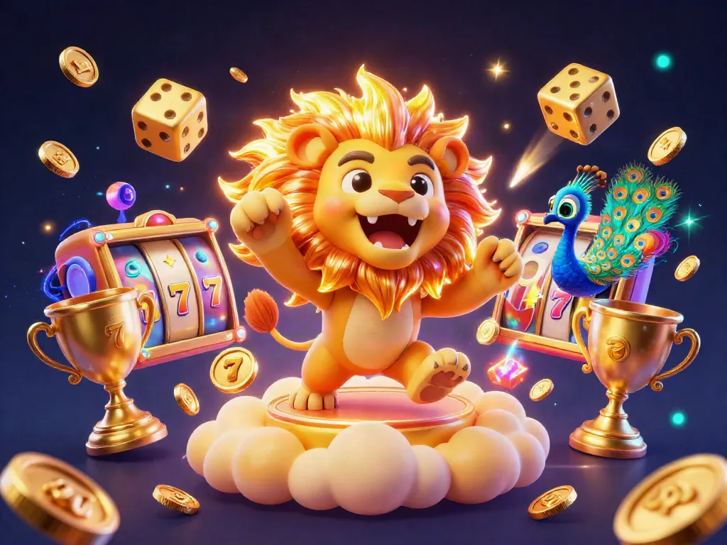 Rasakan keseruan jago slot dengan singa kartun, dadu emas, dan jackpot di sekitar.