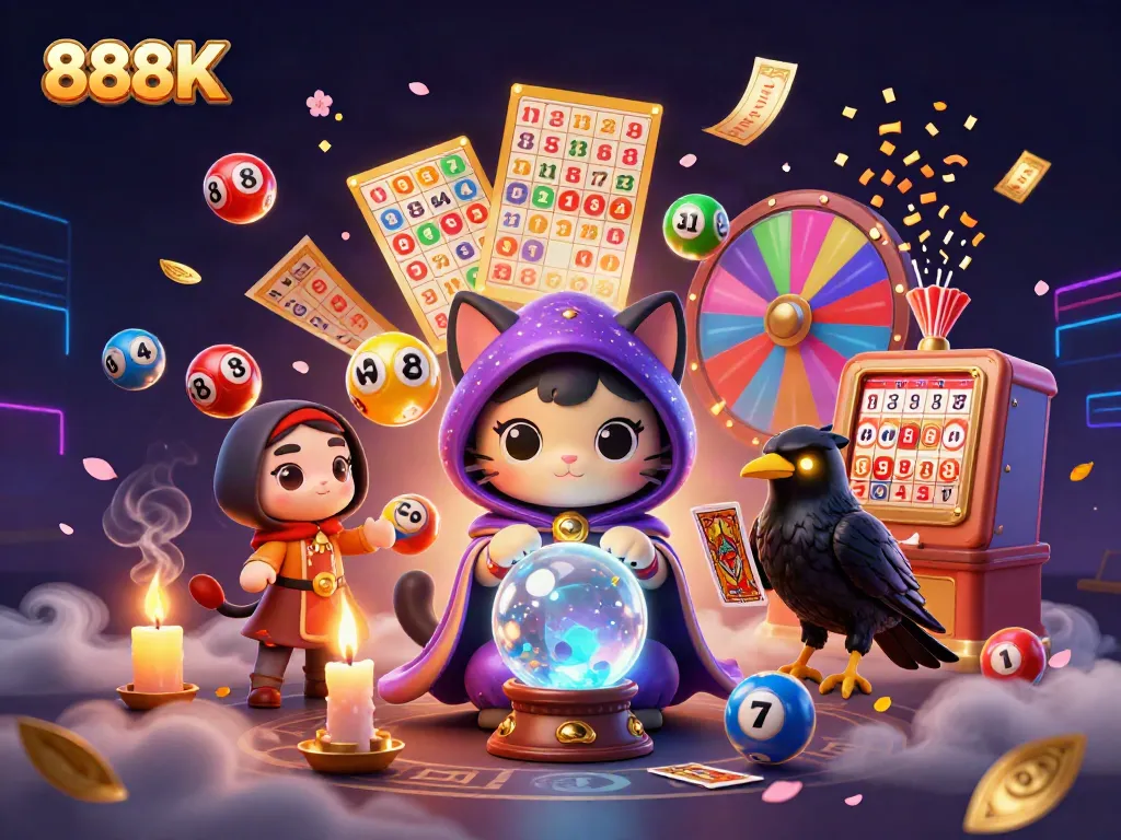 Experience thrilling moments at 888K with vibrant lottery elements and captivating characters.