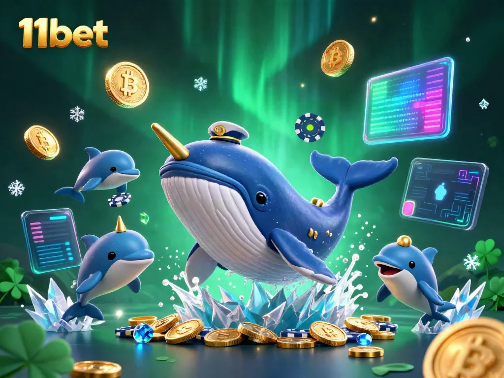 Engage with 11bet's thrilling casino experience featuring a whale, narwhal, and dolphins surrounded by riches.