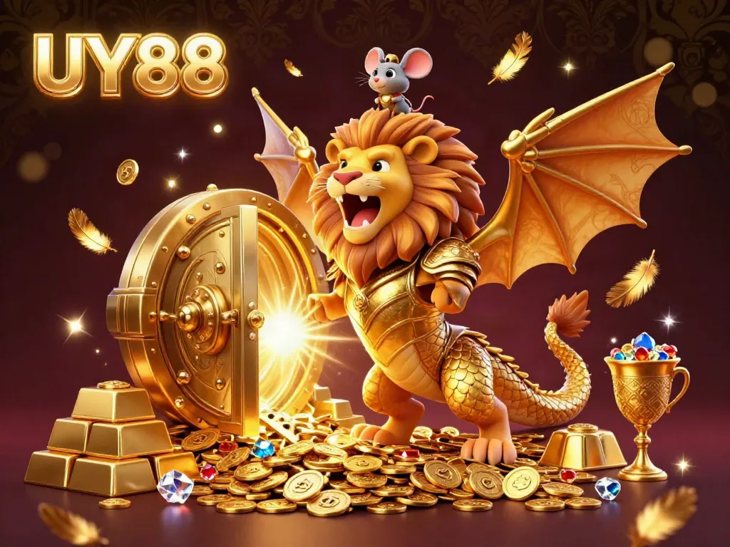 Experience thrilling wins at UY88 with a vibrant casino-themed treasure scene featuring stacks of gold and shimmering gems.