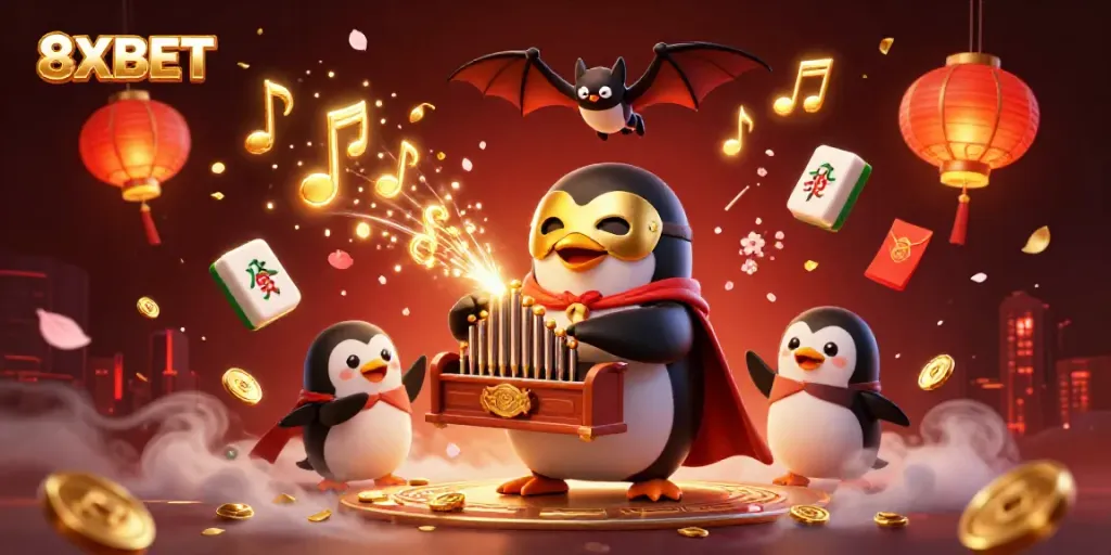 Experience 8XBET's thrilling action with a cartoon penguin creating golden coin magic in a vibrant casino scene.