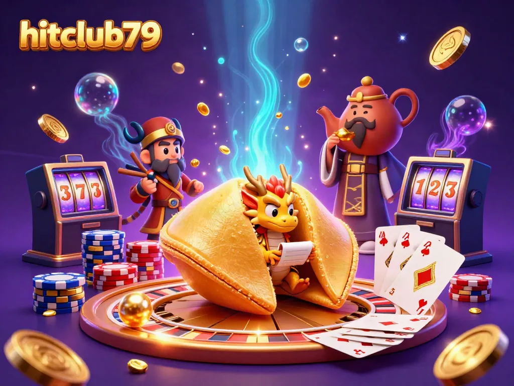 Engage with hitclub79's vibrant 3D casino scene of fortune cookies, golden treasures, and animated gaming elements.