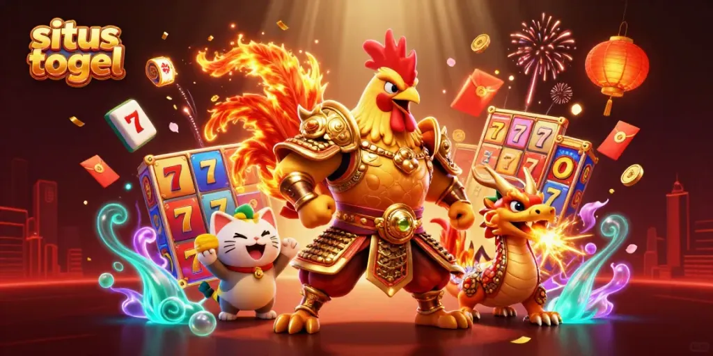 Experience thrilling fun at situs togel with an exhilarating scene featuring a warrior rooster and a dragon hatchling.