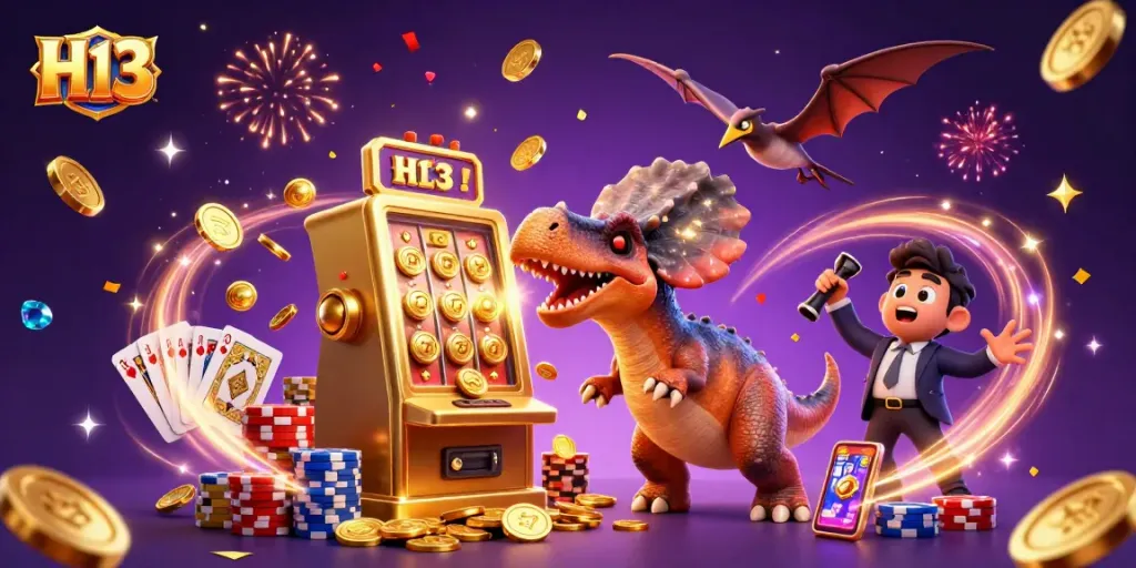 Experience thrilling action as H13 characters spin the slots and catch coins in a casino.