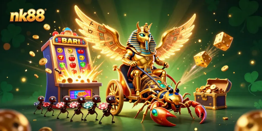 nk88 champions slot jackpots with colossal beetle, scorpions, and poker chips in vibrant casino scene