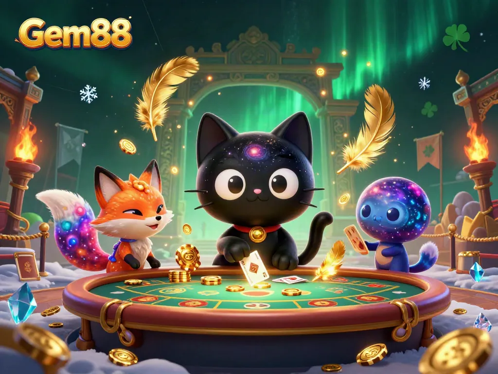 Engage in thrilling gameplay at Gem88 with a cosmic casino scene full of vibrant characters and rich elements.
