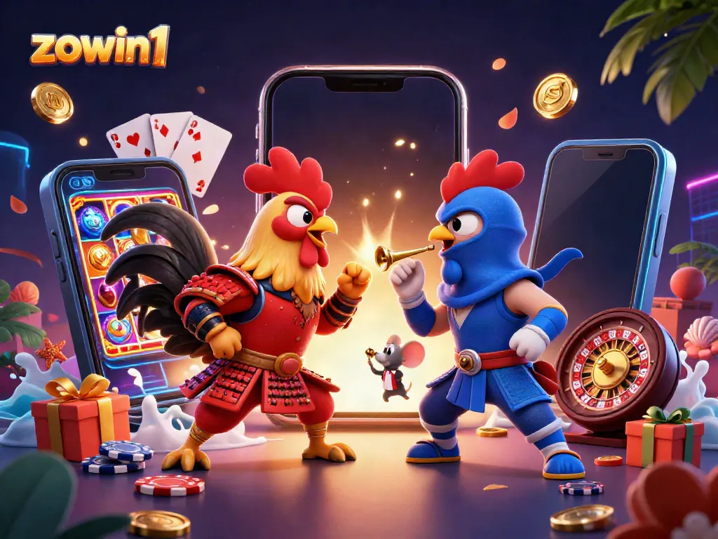 Engage in the thrill of gambling with zowin1's dynamic gaming scene featuring animated roosters in combat.