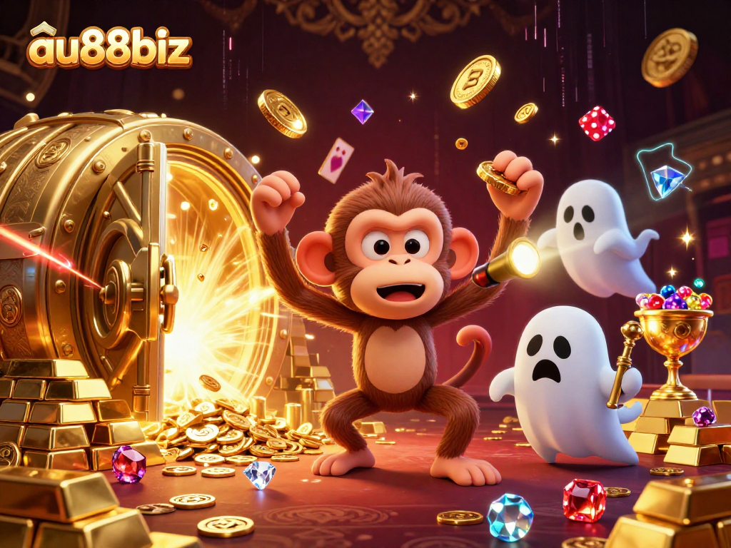 Experience fun with AU88biz as a mischievous monkey juggles golden treasures in an exciting casino.