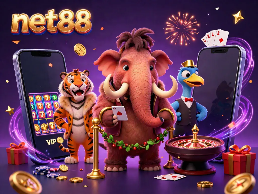 Experience the vibrant energy of net88 with an illustrated casino scene featuring a mammoth bouncer and exciting game elements.