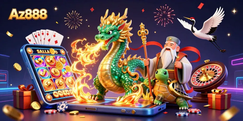 Engage with Az888's vibrant 3D casino concept featuring a jade dragon and dynamic gaming elements.