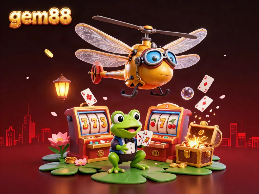 Experience gem88's thrilling action with a vibrant casino scene featuring a dragonfly pilot and frog croupier.