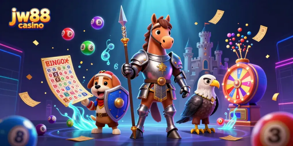 Experience excitement at jw88 casino with a vibrant illustration depicting engaging gambling elements and characters.