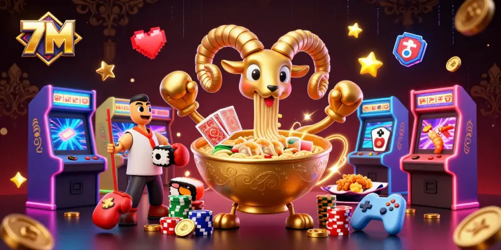 Engage with the vibrant 7M casino scene featuring cartoon characters and dynamic gaming elements.