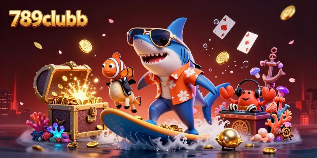 Surf with the shark at 789clubb, featuring vibrant gold coins and colorful gems in a thrilling underwater game scene.