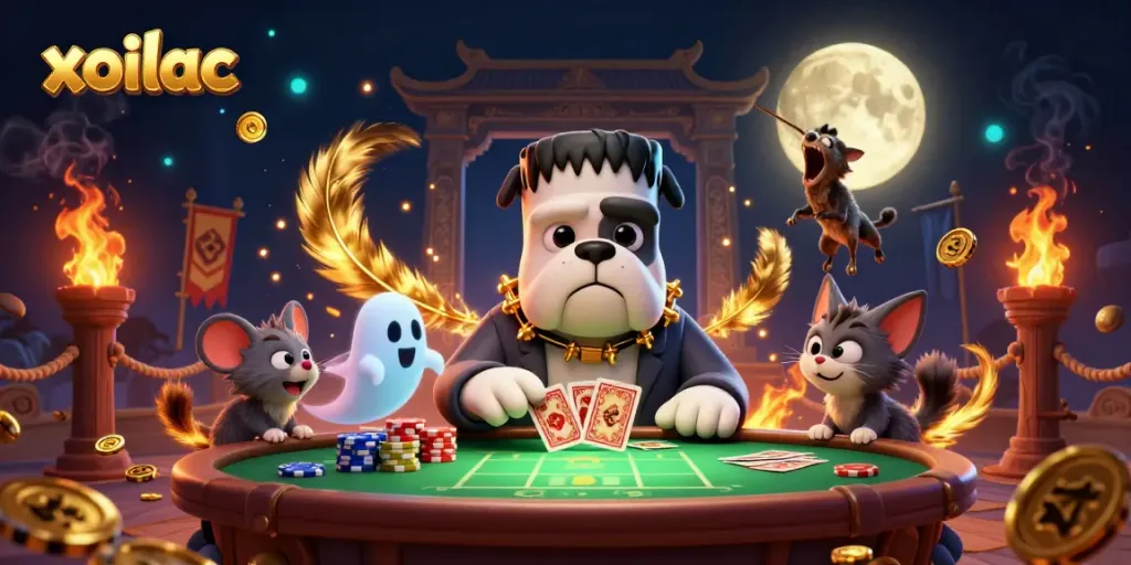Experience the thrill of gambling with xoilac at a festive 3D casino scene featuring animated characters.