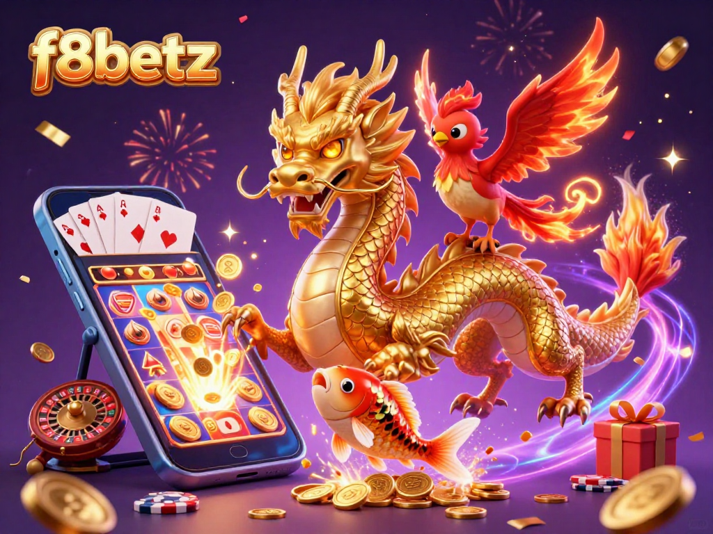 Experience thrilling gaming vibes with f8betz featuring a dragon, phoenix, and koi amidst casino elements.