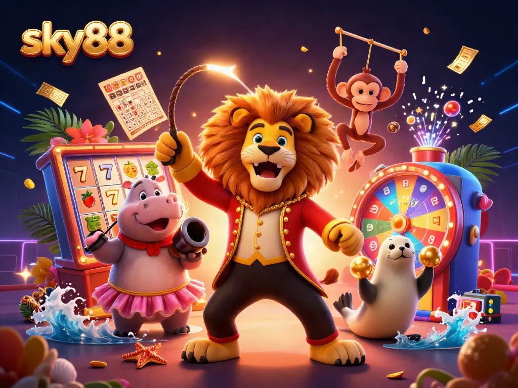 Experience the excitement of sky88 with dynamic casino-themed characters and vibrant game elements.