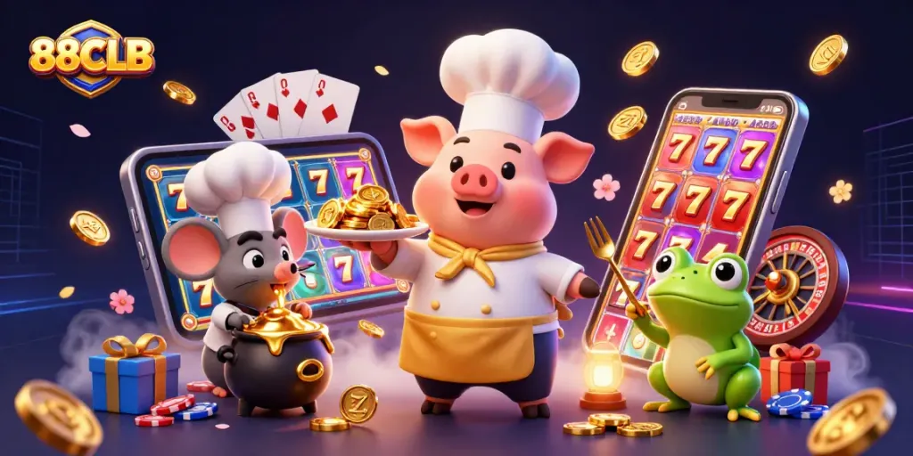 Engage with 88CLB's exciting casino offerings, featuring a cartoon pig chef showcasing gold coins.