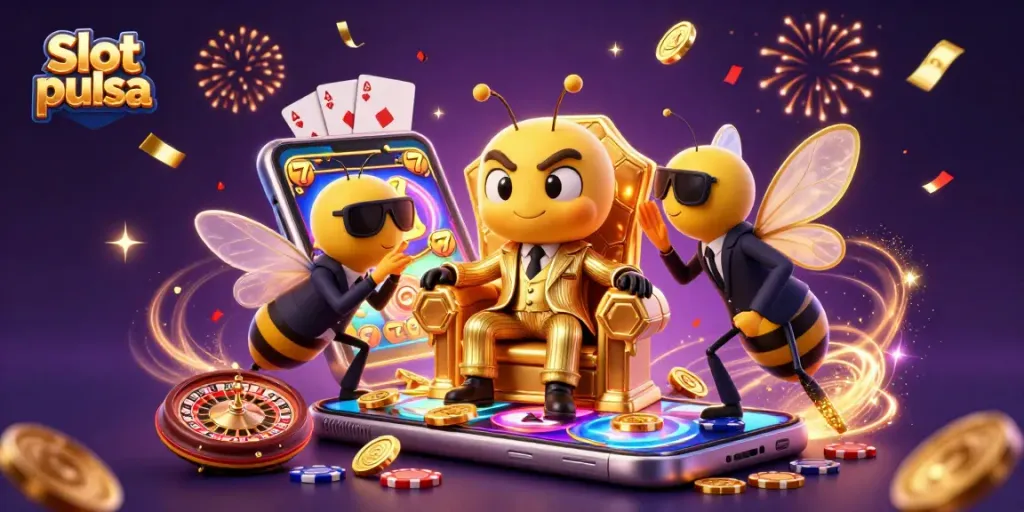 Engage with slot pulsa excitement through a 3D scene of a bumblebee mob boss and vibrant slot games.