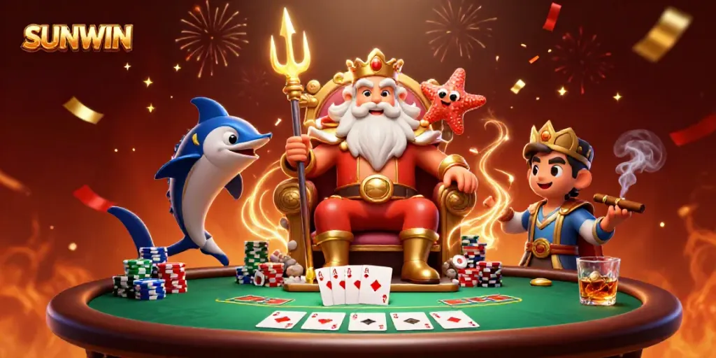 SUNWIN-themed illustration showcasing Neptune amidst casino elements, enhancing gaming excitement.