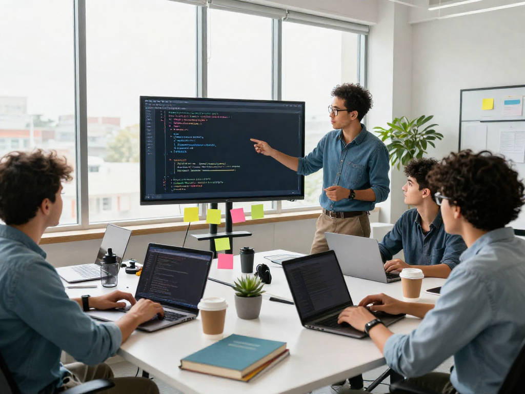 Team collaborating on software development projects at crushonai in a modern office