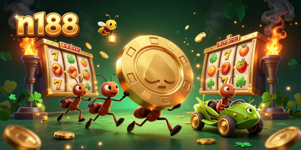 Experience n188's exciting jackpot with dynamic 3D cartoon ants and a grasshopper in action.