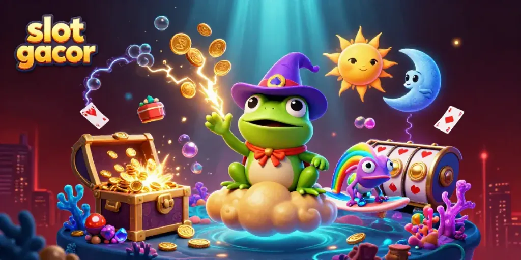 Permainan slot gacor diilustrasikan dengan karakter lucu dan emas berkilauan.