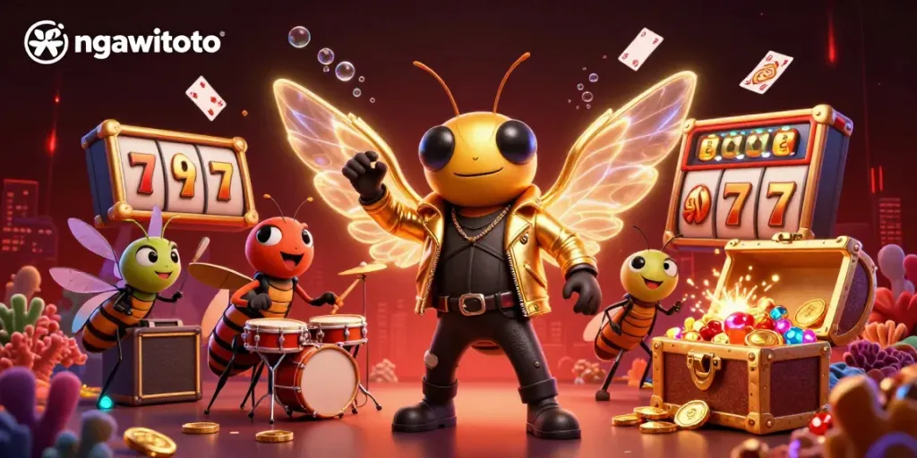 Menggambarkan keseruan bermain judi online di ngawitoto dengan cicada rock star, drummer, dan simbol jackpot.