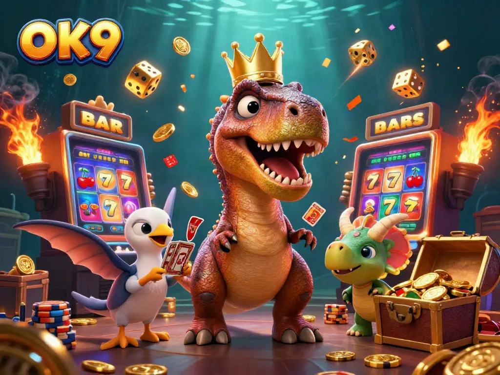 Engage in thrilling gameplay at OK9 casino with a fun T-Rex and colorful casino elements surrounding them.