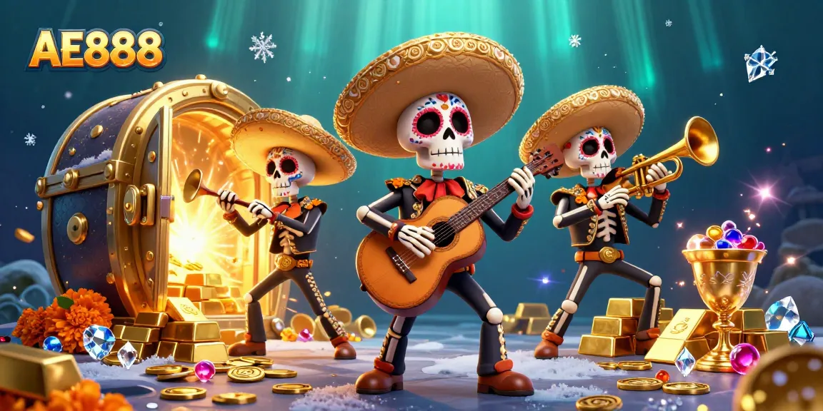 Experience the thrill of AE888 with vibrant mariachi characters amidst sparkling casino treasures.