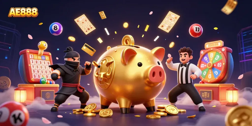 Experience the dynamic excitement of AE888 with a whimsical casino scene featuring a golden piggy bank sumo wrestler amidst colorful game elements.