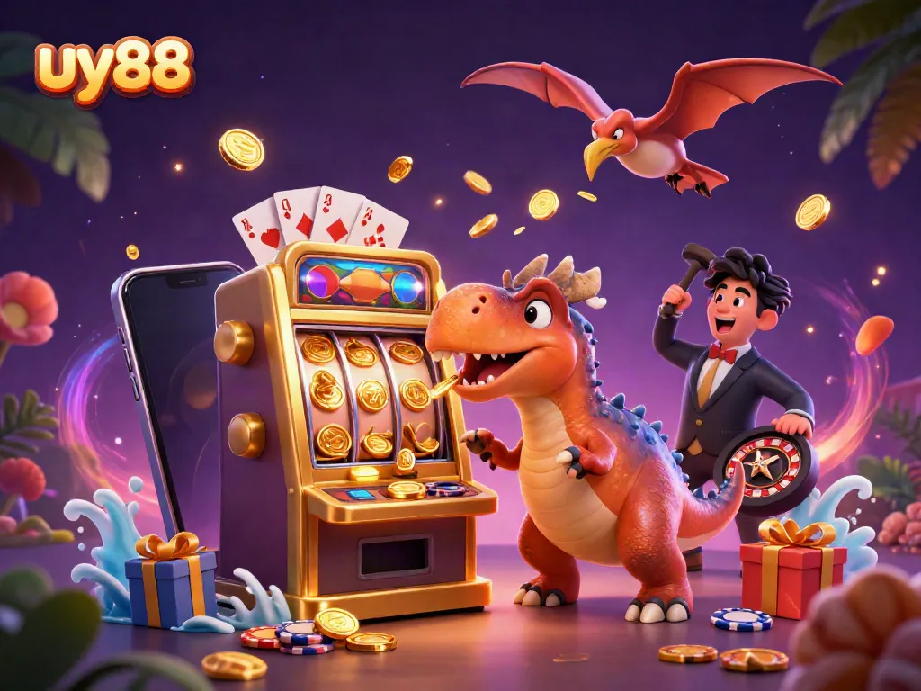 Experience excitement at uy88 as a pachycephalosaurus wins slots and coins overflow in a vibrant scene.
