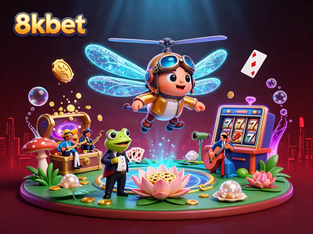 Experience the thrilling world of 8kbet with vibrant casino action featuring a dragonfly pilot and frog dealer.