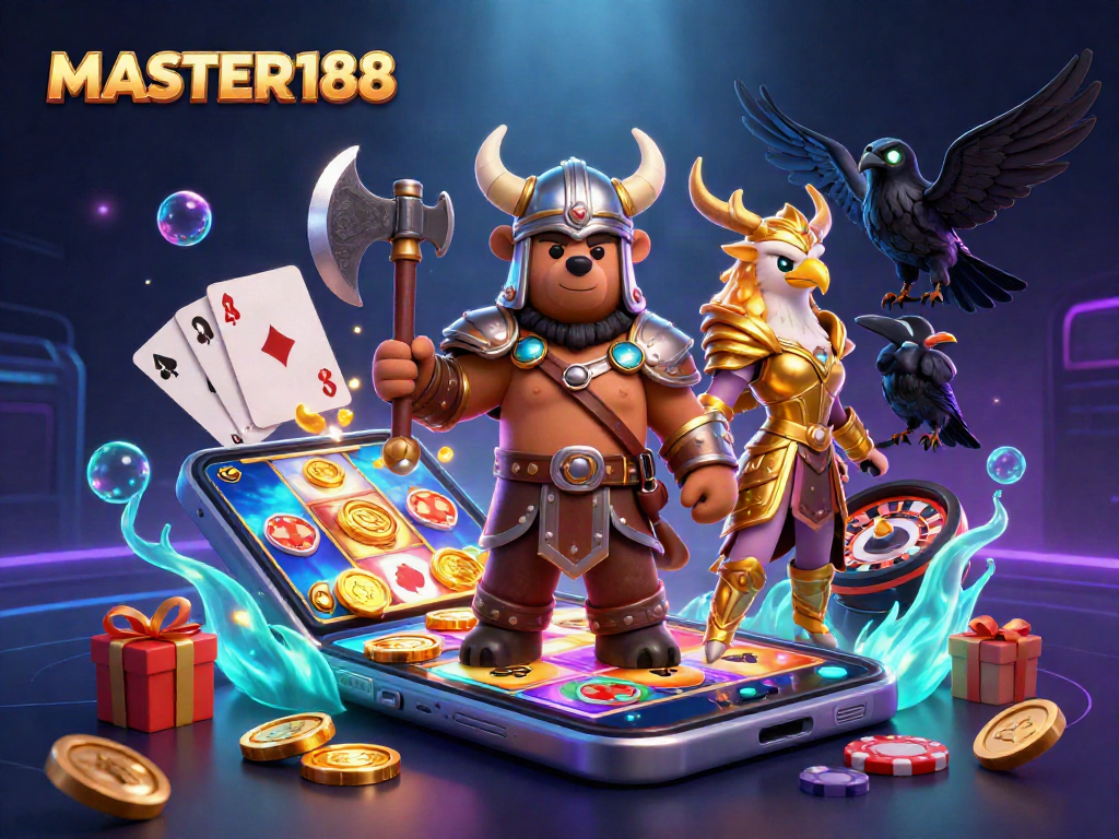 Engage with immersive gaming experiences at MASTER188, featuring Viking-themed elements and vibrant casino games.