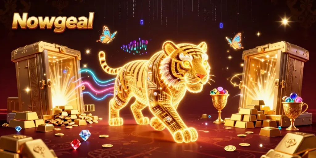 Engaging Nowgoal scene with a glowing golden tiger in a casino surrounded by treasures.