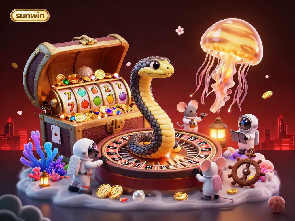 Experience thrilling bets with sunwin in this vibrant 3D cosmic casino illustration featuring a roulette wheel.