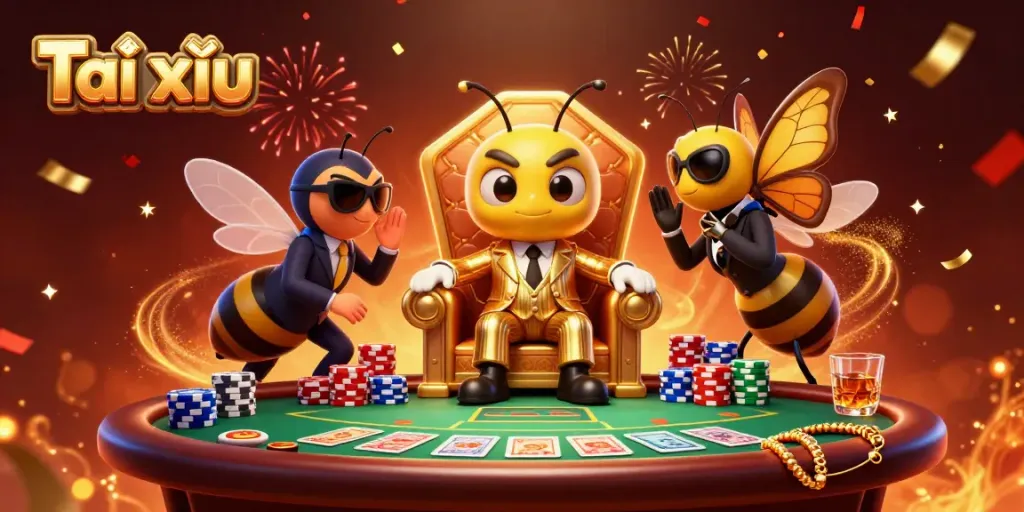 Experience Tài xỉu online with a captivating scene featuring colorful poker elements and a lively character ensemble.