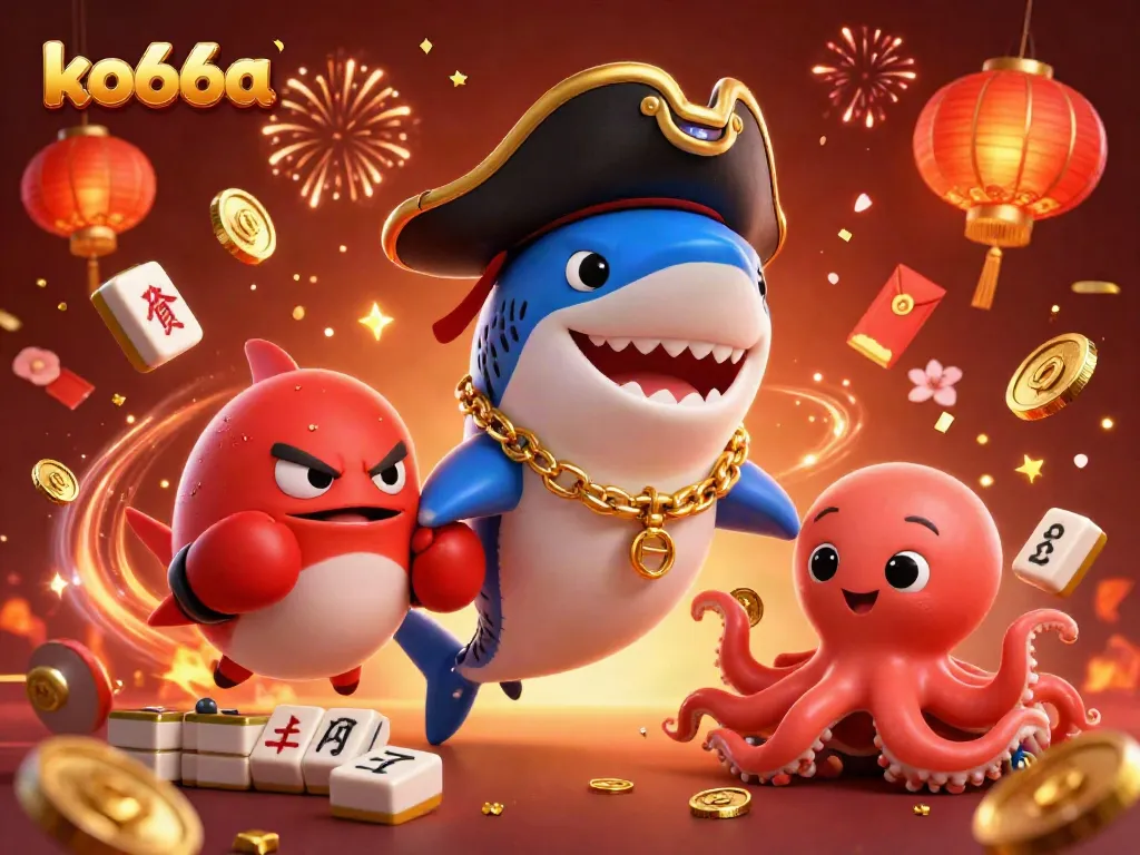 Engage in thrilling games at ko66a with a lively 3D pirate scene featuring unique characters and dynamic gambling elements.