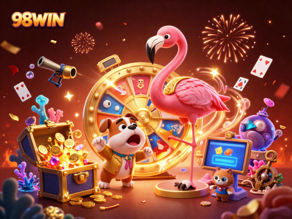 98WIN captivates players with a vibrant gaming scene featuring a flamingo host and treasure-filled adventure